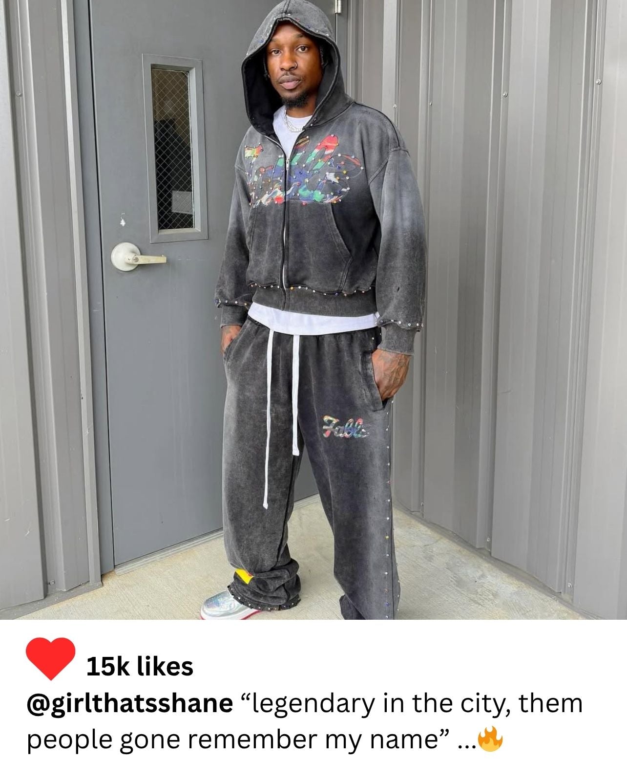 Minimalist street style featuring grey FABL3 hoodie and FABL3 sweats